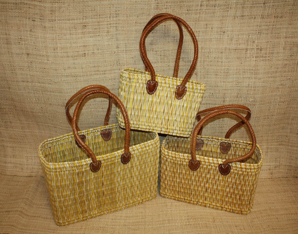Panier bicolore en jonc avec anses longues - Cabas osier Sac Paille