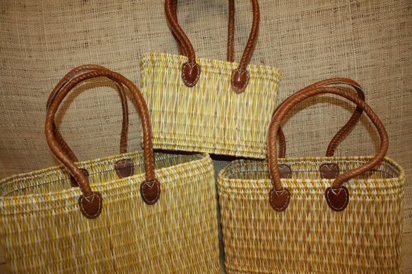 Panier bicolore en jonc avec anses longues - Cabas osier Sac Paille