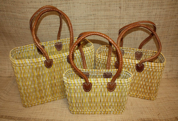 Panier bicolore en jonc avec anses longues - Cabas osier Sac Paille