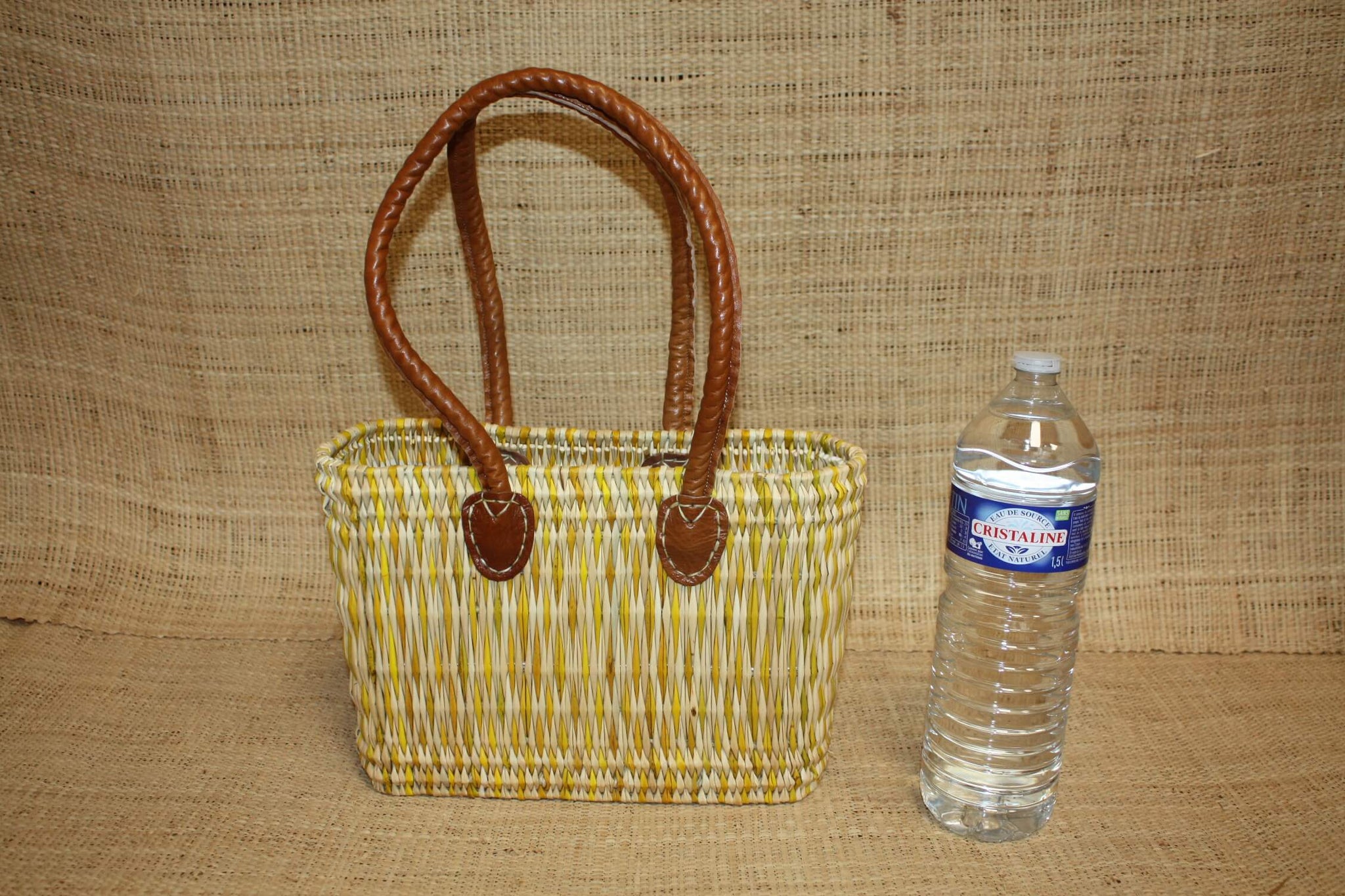 Panier bicolore en jonc avec anses longues - Cabas osier Sac Paille