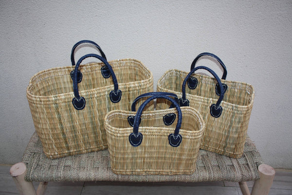 Panier à courses Naturel & Bleu - Fait Main en Jonc - Sac marchés osier rotin - Cabas Marocain - 3 Tailles