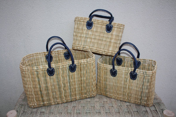 Panier à courses Naturel & Bleu - Fait Main en Jonc - Sac marchés osier rotin - Cabas Marocain - 3 Tailles