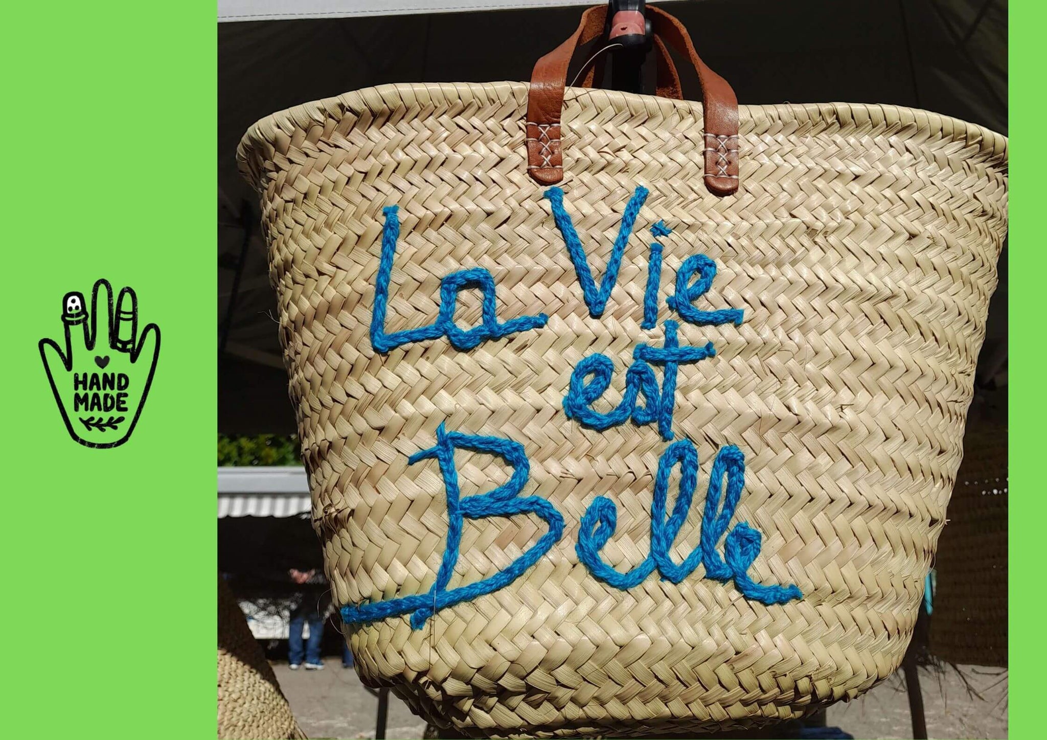 Panier personnalisé LA VIE EST BELLE - Cabas de marché, sac de plage, 100% Naturel