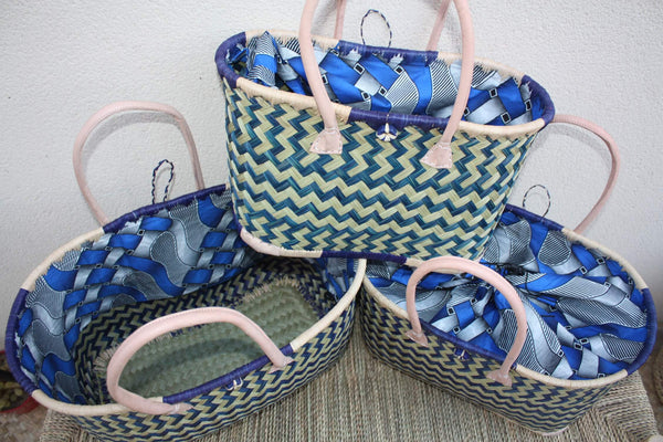 Panier de courses BLEU & NATUREL de MADAGASCAR - Sac Pochon Tissu Bleu - Cabas tressé main - 3 tailles - plage osier marché paille rotin
