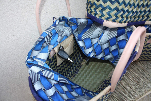 Panier de courses BLEU & NATUREL de MADAGASCAR - Sac Pochon Tissu Bleu - Cabas tressé main - 3 tailles - plage osier marché paille rotin