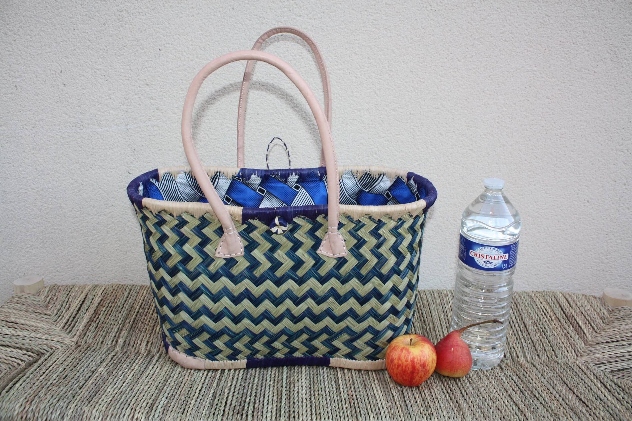 Panier de courses BLEU & NATUREL de MADAGASCAR - Sac Pochon Tissu Bleu - Cabas tressé main - 3 tailles - plage osier marché paille rotin