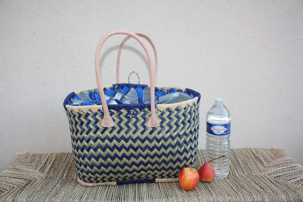 Panier de courses BLEU & NATUREL de MADAGASCAR - Sac Pochon Tissu Bleu - Cabas tressé main - 3 tailles - plage osier marché paille rotin