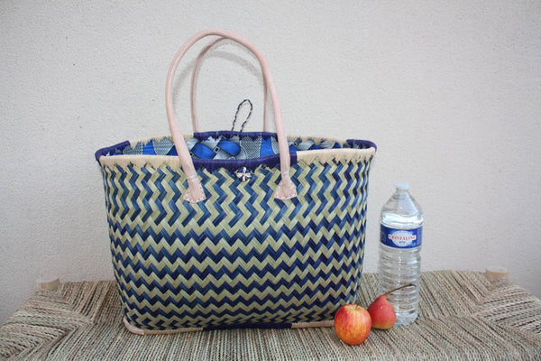 Panier de courses BLEU & NATUREL de MADAGASCAR - Sac Pochon Tissu Bleu - Cabas tressé main - 3 tailles - plage osier marché paille rotin