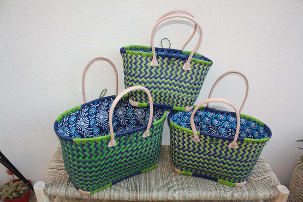 Panier à courses BLEU & VERT de MADAGASCAR - Sac Pochon Tissu Wax - Cabas tressé à la main - 3 tailles - plage osier marché paille rotin