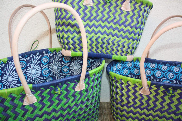 Panier à courses BLEU & VERT de MADAGASCAR - Sac Pochon Tissu Wax - Cabas tressé à la main - 3 tailles - plage osier marché paille rotin