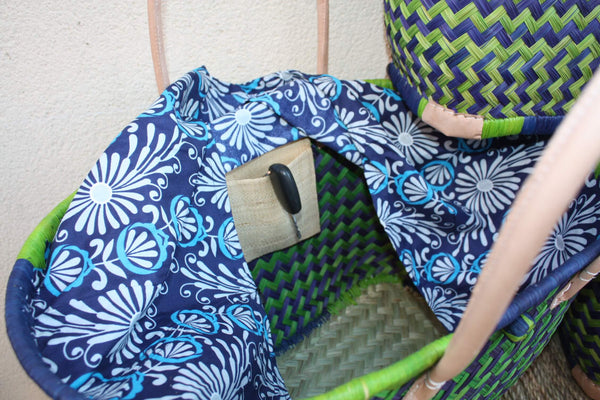 Panier à courses BLEU & VERT de MADAGASCAR - Sac Pochon Tissu Wax - Cabas tressé à la main - 3 tailles - plage osier marché paille rotin