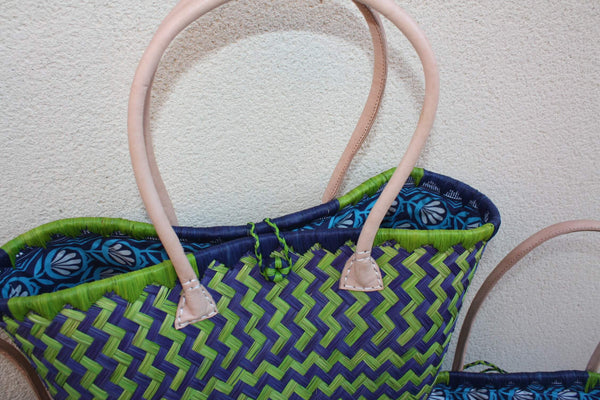 Panier à courses BLEU & VERT de MADAGASCAR - Sac Pochon Tissu Wax - Cabas tressé à la main - 3 tailles - plage osier marché paille rotin