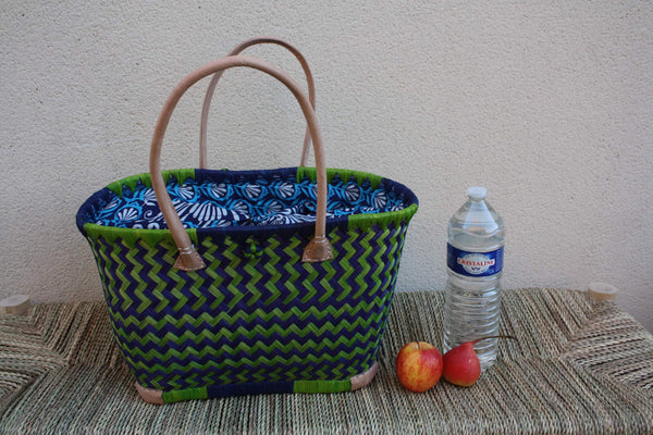 Panier à courses BLEU & VERT de MADAGASCAR - Sac Pochon Tissu Wax - Cabas tressé à la main - 3 tailles - plage osier marché paille rotin