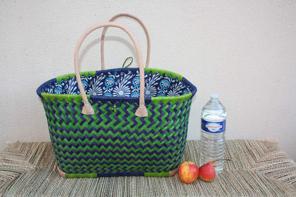 Panier à courses BLEU & VERT de MADAGASCAR - Sac Pochon Tissu Wax - Cabas tressé à la main - 3 tailles - plage osier marché paille rotin