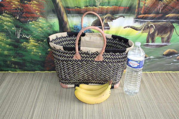 Sac Cabas de courses - PANIER de MADAGASCAR - Noir & Naturel - Tressé Main - 3 tailles au choix - marché plage osier paille