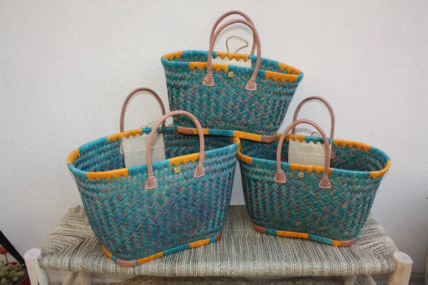 Panier à courses de Madagascar - Cabas Turquoise & Orange - Sac tressé Artisanal - 3 tailles au choix -