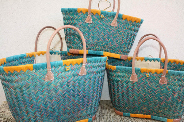 Panier à courses de Madagascar - Cabas Turquoise & Orange - Sac tressé Artisanal - 3 tailles au choix -