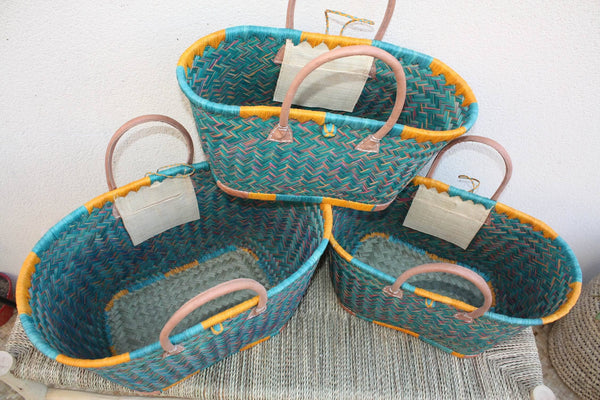 Panier à courses de Madagascar - Cabas Turquoise & Orange - Sac tressé Artisanal - 3 tailles au choix -