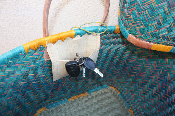 Panier à courses de Madagascar - Cabas Turquoise & Orange - Sac tressé Artisanal - 3 tailles au choix -