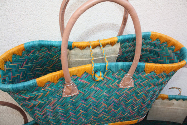 Panier à courses de Madagascar - Cabas Turquoise & Orange - Sac tressé Artisanal - 3 tailles au choix -