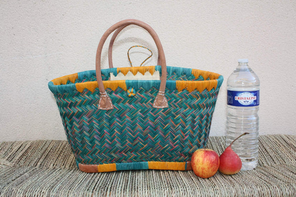 Panier à courses de Madagascar - Cabas Turquoise & Orange - Sac tressé Artisanal - 3 tailles au choix -