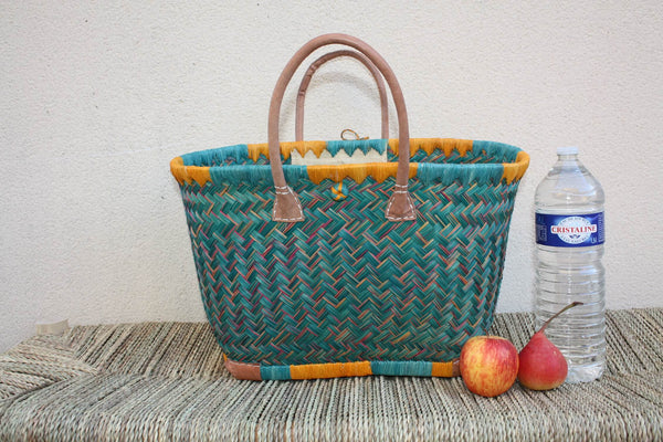 Panier à courses de Madagascar - Cabas Turquoise & Orange - Sac tressé Artisanal - 3 tailles au choix -