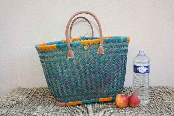 Panier à courses de Madagascar - Cabas Turquoise & Orange - Sac tressé Artisanal - 3 tailles au choix -