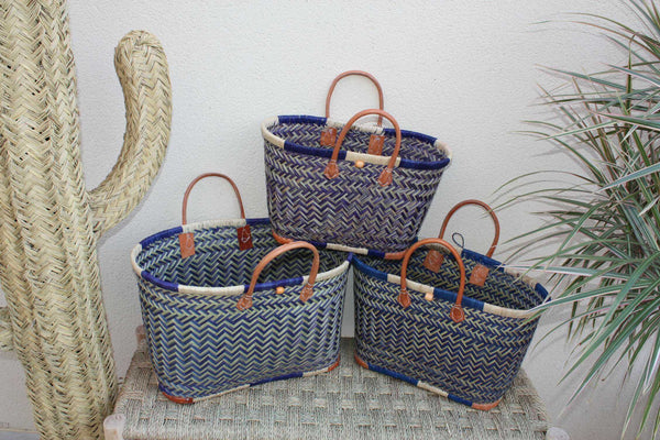 Sac Cabas de courses - PANIER de MADAGASCAR - Bleu & Naturel - Tressé Main - 3 tailles au choix - marché plage osier paille
