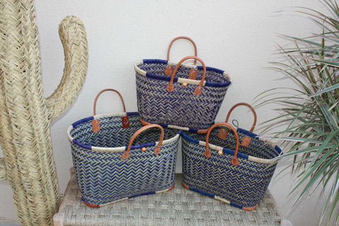 Sac Cabas de courses - PANIER de MADAGASCAR - Bleu & Naturel - Tressé Main - 3 tailles au choix - marché plage osier paille
