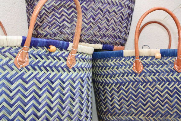 Sac Cabas de courses - PANIER de MADAGASCAR - Bleu & Naturel - Tressé Main - 3 tailles au choix - marché plage osier paille