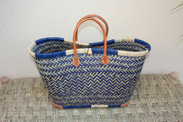 Sac Cabas de courses - PANIER de MADAGASCAR - Bleu & Naturel - Tressé Main - 3 tailles au choix - marché plage osier paille