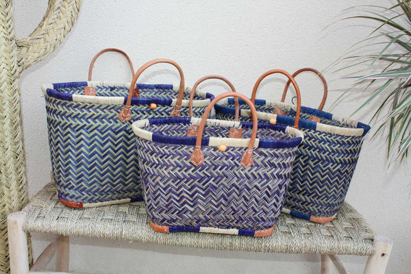 Sac Cabas de courses - PANIER de MADAGASCAR - Bleu & Naturel - Tressé Main - 3 tailles au choix - marché plage osier paille