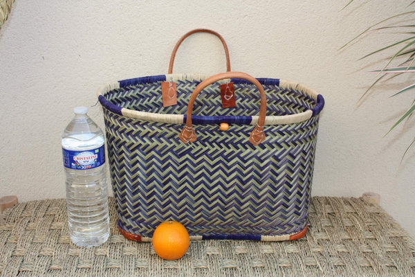 Sac Cabas de courses - PANIER de MADAGASCAR - Bleu & Naturel - Tressé Main - 3 tailles au choix - marché plage osier paille