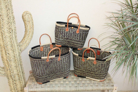 Sac Cabas de courses - PANIER de MADAGASCAR - Noir & Naturel - Tressé Main - 3 tailles au choix - marché plage osier paille