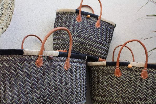 Sac Cabas de courses - PANIER de MADAGASCAR - Noir & Naturel - Tressé Main - 3 tailles au choix - marché plage osier paille