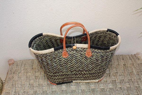 Sac Cabas de courses - PANIER de MADAGASCAR - Noir & Naturel - Tressé Main - 3 tailles au choix - marché plage osier paille
