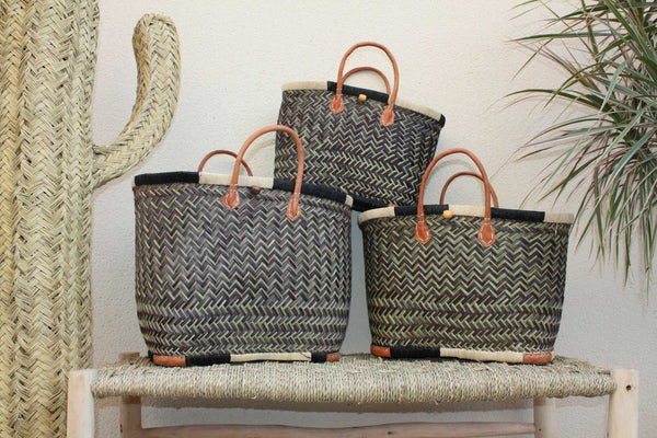 Sac Cabas de courses - PANIER de MADAGASCAR - Noir & Naturel - Tressé Main - 3 tailles au choix - marché plage osier paille