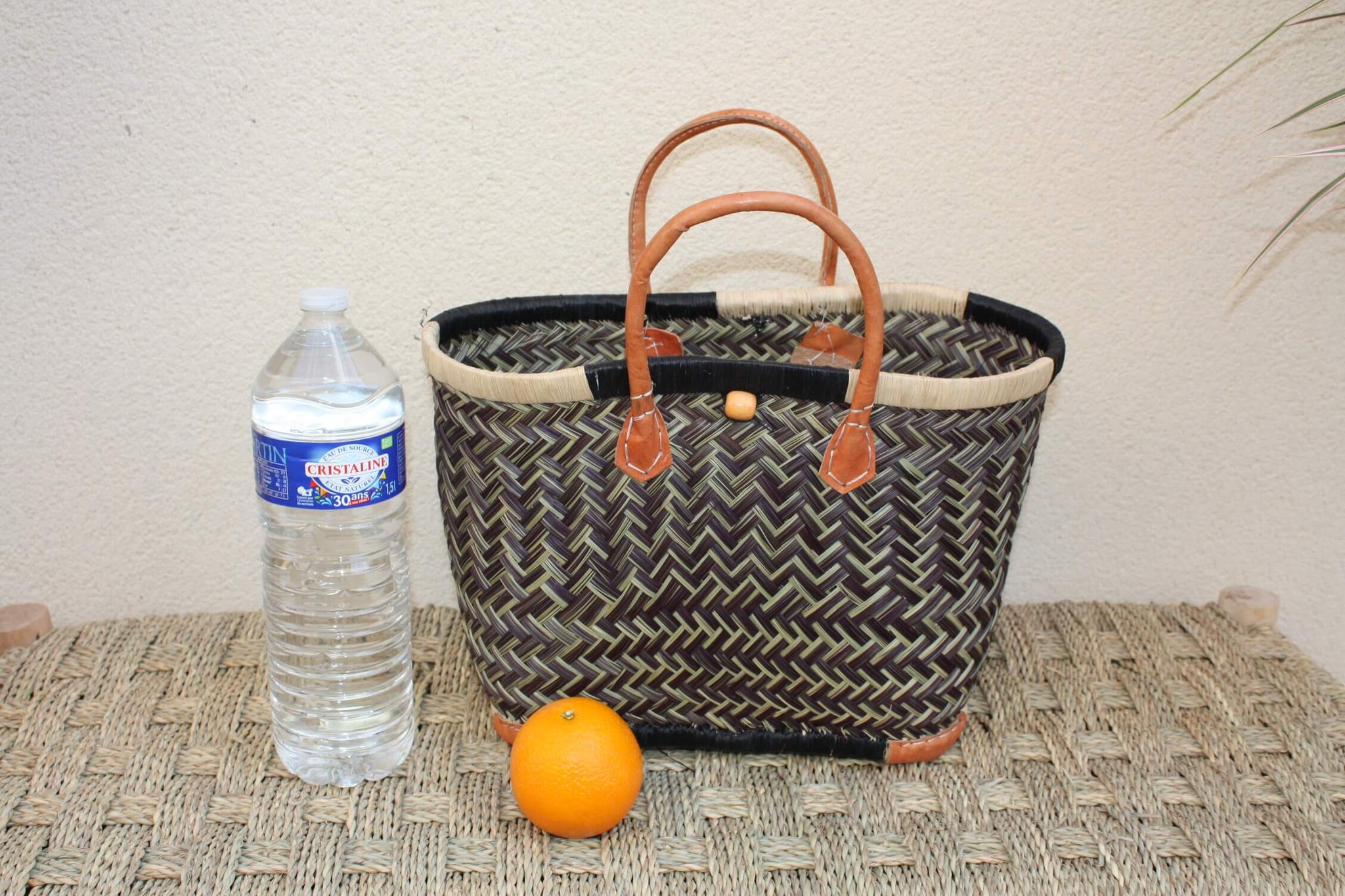 Sac Cabas de courses - PANIER de MADAGASCAR - Noir & Naturel - Tressé Main - 3 tailles au choix - marché plage osier paille