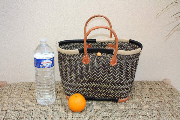 Sac Cabas de courses - PANIER de MADAGASCAR - Noir & Naturel - Tressé Main - 3 tailles au choix - marché plage osier paille