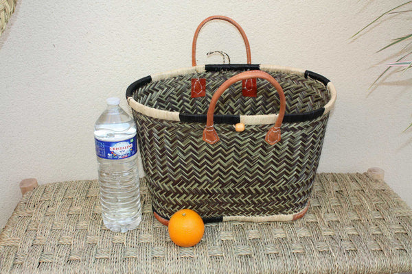 Sac Cabas de courses - PANIER de MADAGASCAR - Noir & Naturel - Tressé Main - 3 tailles au choix - marché plage osier paille
