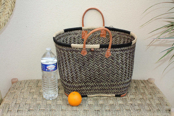 Sac Cabas de courses - PANIER de MADAGASCAR - Noir & Naturel - Tressé Main - 3 tailles au choix - marché plage osier paille
