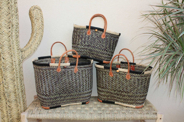Sac Cabas de courses - PANIER de MADAGASCAR - Noir & Naturel - Tressé Main - 3 tailles au choix - marché plage osier paille