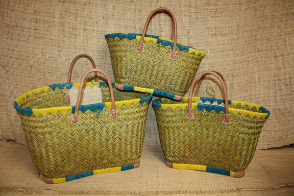 Beau panier à courses - MADAGASCAR - Sac Cabas Jaune & Turquoise - Tressé à la main - 3 tailles au choix - plage osier paille