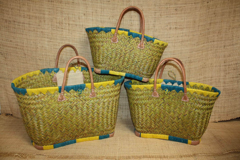 Beau panier à courses - MADAGASCAR - Sac Cabas Jaune & Turquoise - Tressé à la main - 3 tailles au choix - plage osier paille