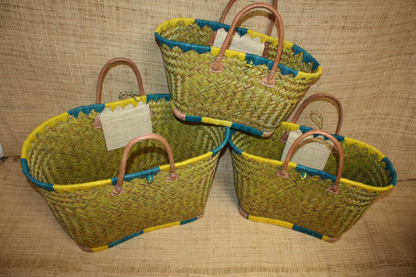 Beau panier à courses - MADAGASCAR - Sac Cabas Jaune & Turquoise - Tressé à la main - 3 tailles au choix - plage osier paille