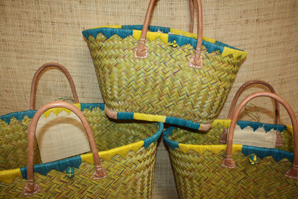 Beau panier à courses - MADAGASCAR - Sac Cabas Jaune & Turquoise - Tressé à la main - 3 tailles au choix - plage osier paille
