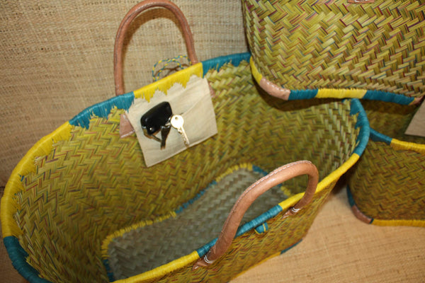 Beau panier à courses - MADAGASCAR - Sac Cabas Jaune & Turquoise - Tressé à la main - 3 tailles au choix - plage osier paille