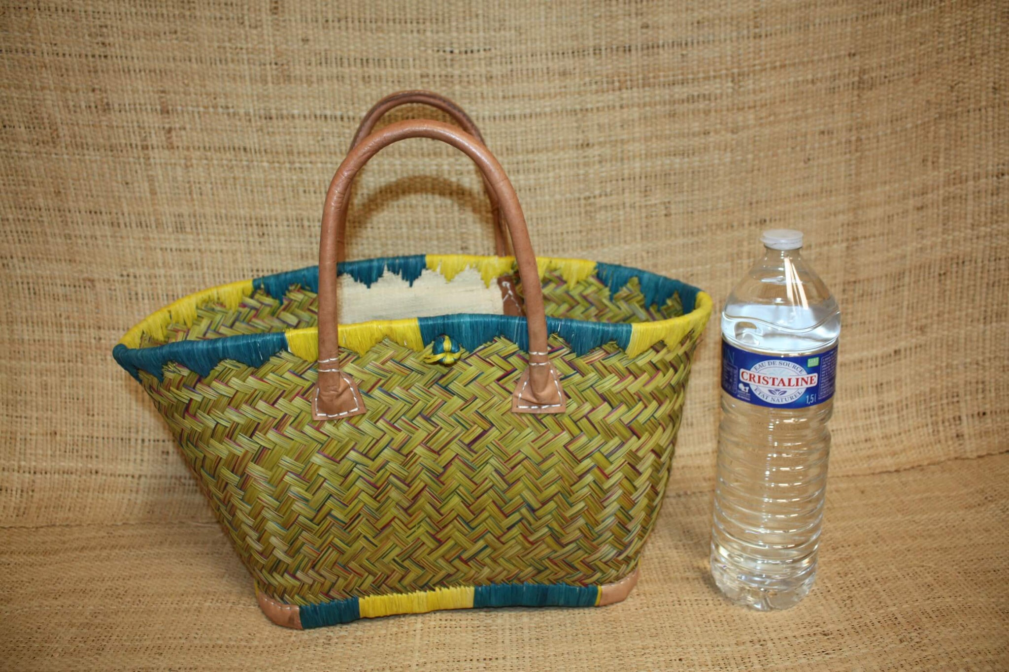 Beau panier à courses - MADAGASCAR - Sac Cabas Jaune & Turquoise - Tressé à la main - 3 tailles au choix - plage osier paille