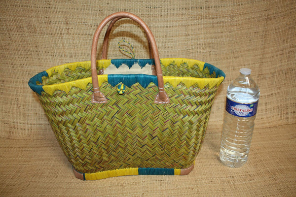 Beau panier à courses - MADAGASCAR - Sac Cabas Jaune & Turquoise - Tressé à la main - 3 tailles au choix - plage osier paille