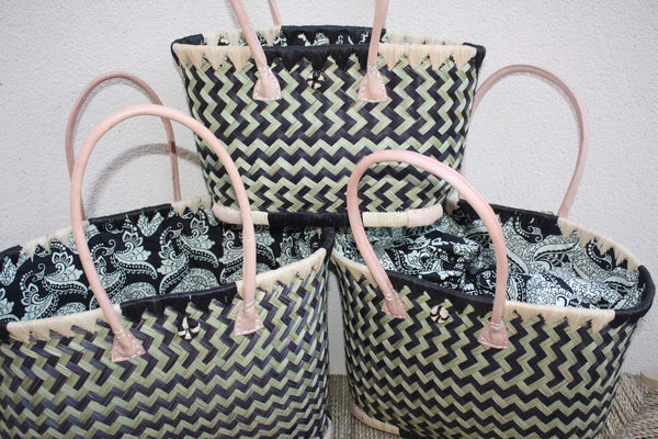 Panier de courses NOIR & NATUREL de MADAGASCAR - Sac Pochon Tissu Noir - Cabas tressé main - 3 tailles - plage osier marché paille rotin